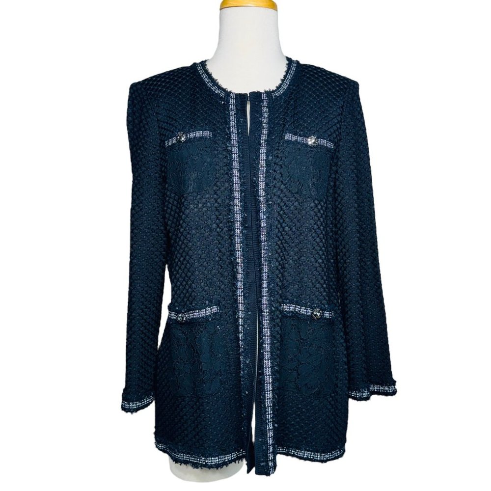 Misook Embroidered Knit Jacket 3/4 Sleeve Lace Patch Embellished Buttons Black M - Picture 2 of 16